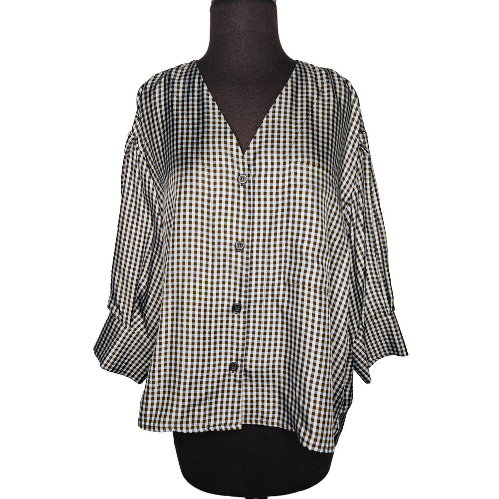 No. 6 Store 100% Silk Turin Top Blouse Large Gingham Check 3/4 Sleeve Button Up - Picture 2 of 9